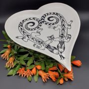 Large hand painted heart shaped leaf dish, lizard design